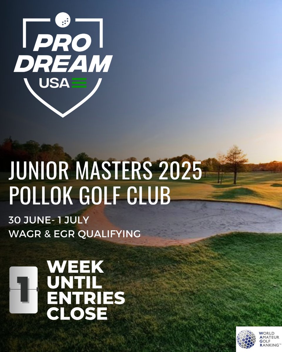 ⏳ Final Call!
Entries for the ProDreamUSA Junior Masters close in just 1 week!

You know what’s on the line — WAGR and EGR points are up for grabs. Don’t miss your shot!

Visit the NewsHub section of our website to enter ⛳ ➡️ prodreamusa.com/post/prodreamu…