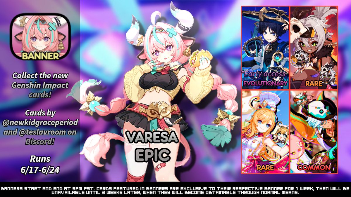 nagito2bot's tweet photo. Banner #72: Genshin Impact
The Wanderer card is pre-releasing early with this banner, it will be available via evolution starting with Banner #74's release.
From now until June 24th at 5pm PST. https://t.co/wDDZvJwpgw