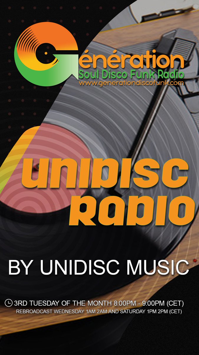 GÉNÉRATION SOUL DISCO FUNK RADIO (@gsouldiscofunk) on Twitter photo CE SOIR SUR <a href="/gsouldiscofunk/">GÉNÉRATION SOUL DISCO FUNK RADIO</a>:
- 20h 21h (CET): UNIDISC RADIO avec UNIDISC MUSIC
TONIGHT ON GENERATION SOUL DISCO FUNK:
- 8pm 9pm (CET): UNIDISC RADIO with UNIDISC MUSIC
Écouter / Listen :
chk.me/syvYT1g
Rebroadcast Wednesday 1am 2am and Saturday 1pm 2pm (CET) CE SOIR SUR <a href="/gsouldiscofunk/">GÉNÉRATION SOUL DISCO FUNK RADIO</a>:
- 20h 21h (CET): UNIDISC RADIO avec UNIDISC MUSIC
TONIGHT ON GENERATION SOUL DISCO FUNK:
- 8pm 9pm (CET): UNIDISC RADIO with UNIDISC MUSIC
Écouter / Listen :
chk.me/syvYT1g
Rebroadcast Wednesday 1am 2am and Saturday 1pm 2pm (CET)