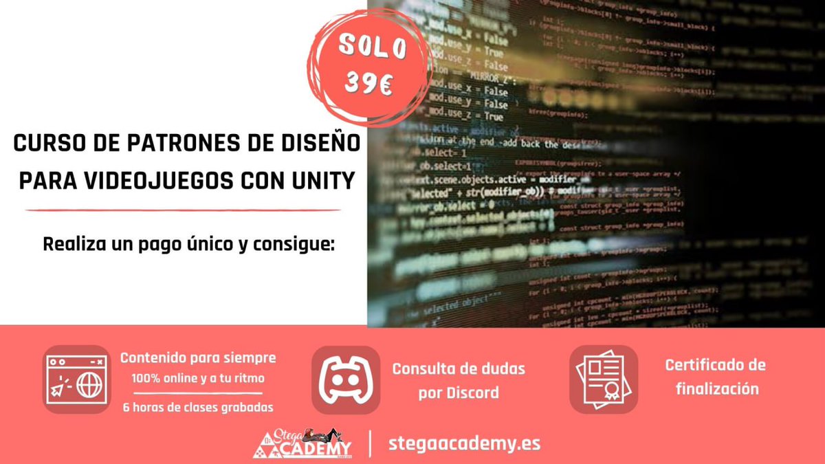ElenaImagineer's tweet image. Gente bonita del multiverso! Ya está disponible mi nuevo curso🤩

🚀 Curso de Patrones de Diseño para Videojuegos con Unity 🚀

⭐️Online
⭐️Contenido disponible para siempre
⭐️Ayuda y tutorización para poner en práctica los patrones de diseño aprendidos

👇
stegaacademy.es/patrones/
