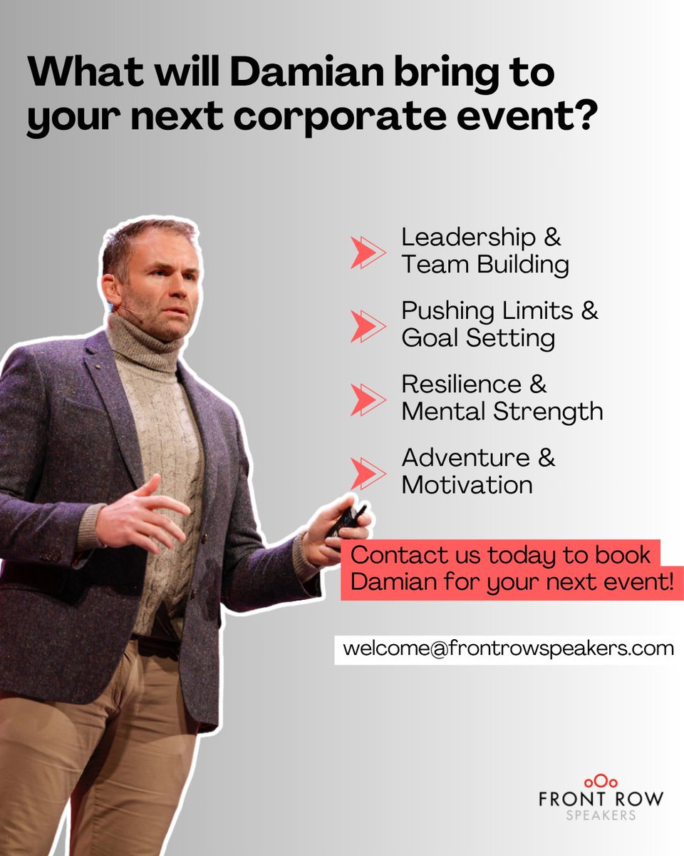Front Row Speakers (@frspeakers) on Twitter photo From pro rugby to rowing the Atlantic solo (twice) 🌊
Damian Browne speaks on resilience, mindset & leadership.
📧 Email us today at welcome@frontrowspeakers.com to enquire about Damian's availibility!
#DamianBrowne #KeynoteSpeaker #Leadership #Resilience From pro rugby to rowing the Atlantic solo (twice) 🌊
Damian Browne speaks on resilience, mindset & leadership.
📧 Email us today at welcome@frontrowspeakers.com to enquire about Damian's availibility!
#DamianBrowne #KeynoteSpeaker #Leadership #Resilience