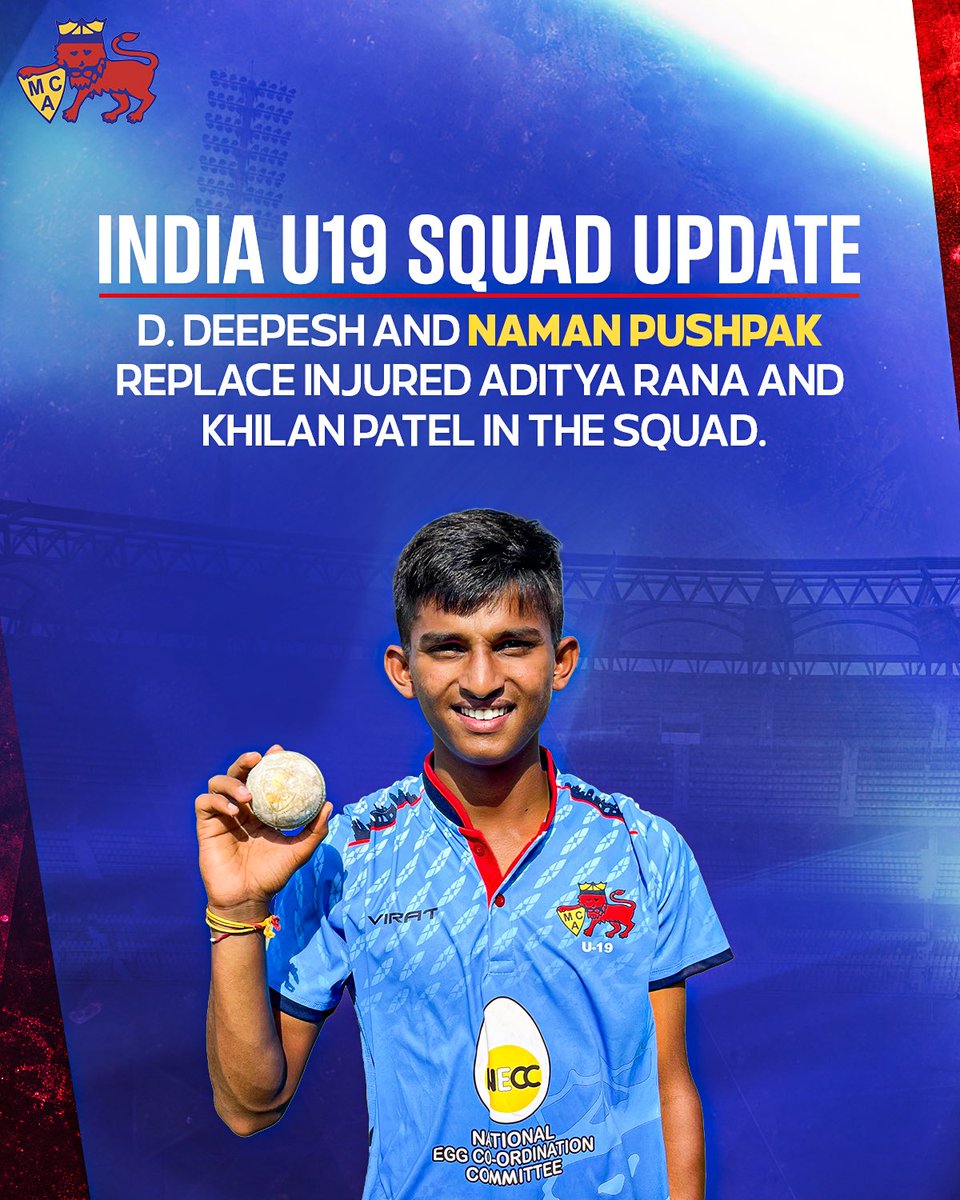 🚨 𝐈𝐧𝐝𝐢𝐚 𝐔𝟏𝟗 𝐒𝐪𝐮𝐚𝐝 𝐔𝐩𝐝𝐚𝐭𝐞 🚨

D. Deepesh &amp; Naman Pushpak come in as replacements for the injured Aditya Rana and Khilan Patel.

#MCA #BCCI #Cricket #Wankhede