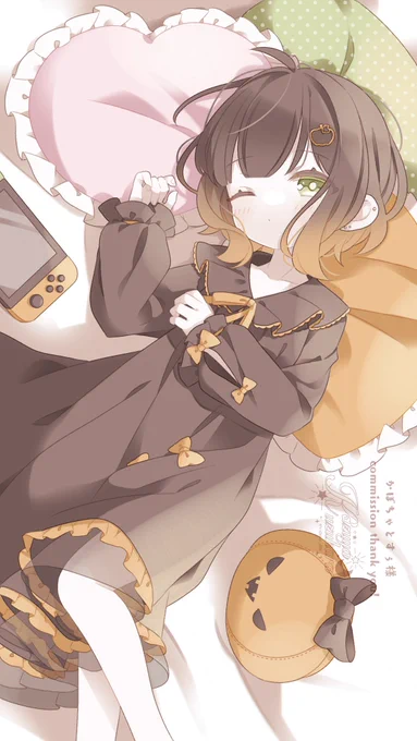 以前デザインさせていただいたかぼちゃとすぅちゃん、ネグリジェ姿のご依頼でした! リクエストありがとうございました! #Skeb #commision