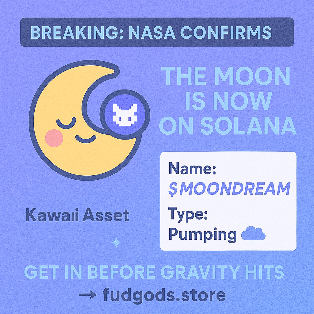 BREAKING: NASA confirms
🚀 THE MOON IS NOW ON SOLANA
Name: $MOONDREAM
Type: Kawaii Asset
Status: Pumping ☁️
🛸 Get in before gravity hits
→ fudgods.store
#SolanaSeason #MoonMission #MOONDREAM