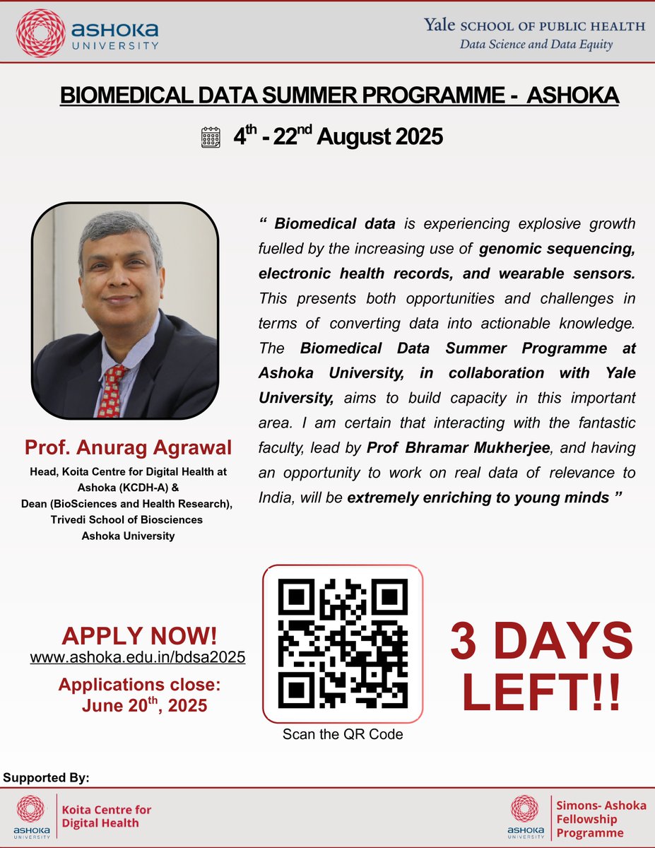 KCDH_A's tweet image. Only 3 days remaining to apply for the Biomedical Data Summer Programme at @AshokaUniv.
Hurry Up!
Do not miss the opportunity!
Visit ashoka.edu.in/bdsa2025 to learn more and apply
#biomedical #datascience #highereducation #science #biology #statistics