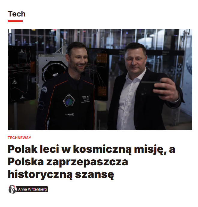 annawitten's tweet photo. W lutym minister @KrzysztofPaszyk robił selfie z polskim astronautą. 

Jednocześnie w MRiT do maja nie było osoby, która mogła podpisywać listy poparcia dla projektów polskich firm w programach opcjonalnych ESA. 

Dzisiaj na @wnppl piszę o niewykorzystanych szansach lotu Sławosza Uznańskiego, który kosztuje polskiego podatnika 65 mln euro. Zapraszam (link niżej). 

Jeśli czytaliście tekst kolegów z @wirtualnapolska, potraktujcie go jako prequel. Bo ciekawostek poza brakiem programów edukacyjnych jest tam niestety więcej. 

@alicja_musial @RozekTom @PatrykSlowik @p_figurski