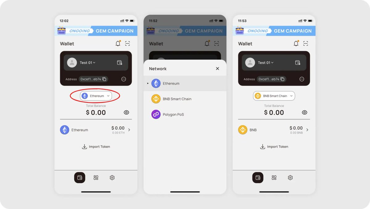 🔁 How to Switch Networks in XENEA Wallet Navigating across chains is easy:  1. Tap the Network Name on your Wallet screen (default: Ethereum). 2.  Choose from Ethereum, BNB Smart Chain, or