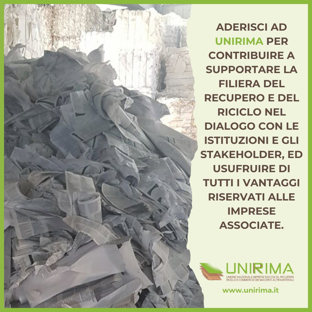 ♻ Scopri come aderire ad UNIRIMA per contribuire a supportare il comparto industriale del recupero di materia dai rifiuti e del commercio delle Materie Prime Secondarie/End of Waste: unirima.it/come-aderire

#unirima #economiacircolare #riciclo #endofwaste #cartadamacero