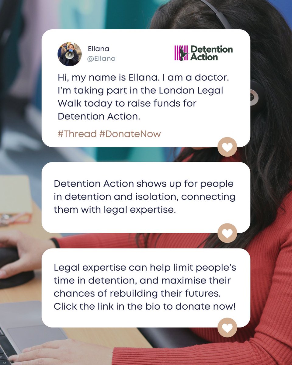 Detention Action (@detentionaction) on Twitter photo Our volunteer, Ellana, will be walking with us in the London Legal Walk today. Every donation you make will help support our casework team, as they answer calls from people in detention every day, connecting them with trusted solicitors. Donate Now: londonlegalsupporttrust.enthuse.com/pf/detention-a… Our volunteer, Ellana, will be walking with us in the London Legal Walk today. Every donation you make will help support our casework team, as they answer calls from people in detention every day, connecting them with trusted solicitors. Donate Now: londonlegalsupporttrust.enthuse.com/pf/detention-a…