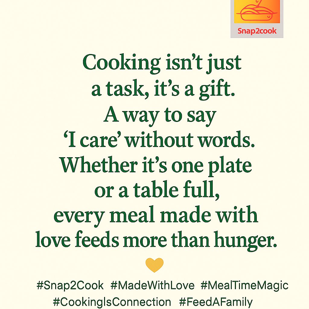 snap2cook's tweet image. At Snap2cook we believe food brings us together, one meal, one moment, one memory at a time. 🍽️💛
Because when we cook with love, we serve more than food, we nourish connection.
Download FREE now and start cooking with care !!
#MadeWithLove #MealTimeMagic #CookingisConnection