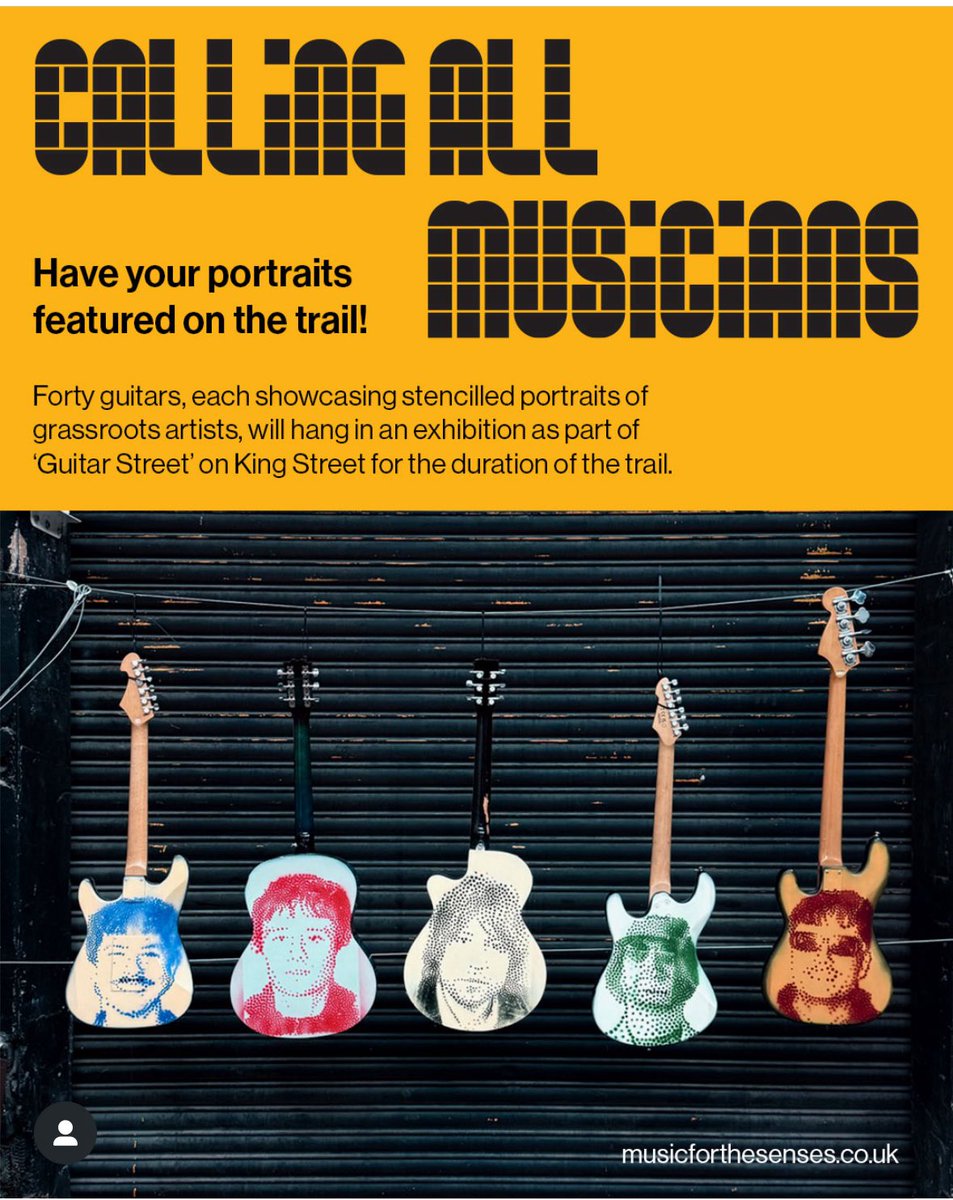 lazerian's tweet image. 🎸 Grassroots music artists! Have your portrait stencilled on a guitar by artist @Lazerian for #GuitarStreet — part of Manchester’s summer art trail #MusicForTheSenses. Apply by 20 June: art@musicforthesenses.co.uk 🎶 All genres welcome!