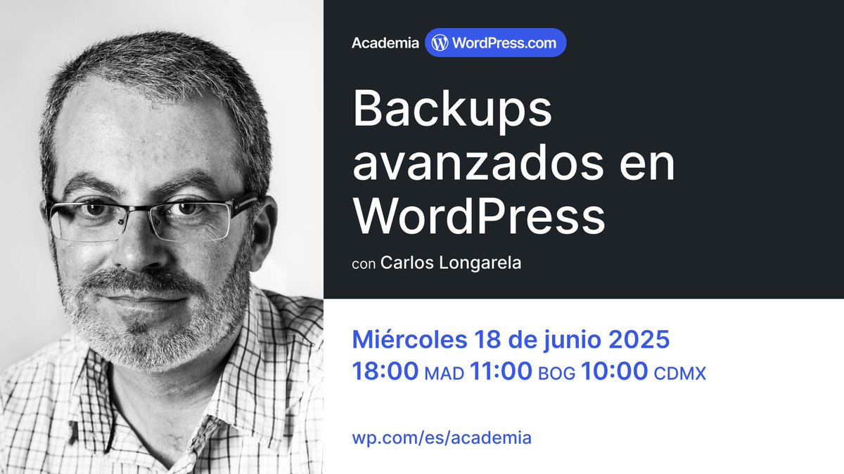 WordPress.com en Español (@eswordpresscom) on Twitter photo 🔔 ¡Recuerda, mañana tienes una cita en la #AcademiaWordPresscom!
Aprende a hacer backups avanzados en WordPress con <a href="/CarlosLongarela/">Carlos Longarela 🙈🙉🙊</a> . Guarda solo lo que necesites y optimiza tu seguridad.
Apúntate aquí, todavía estás a tiempo: wordpress.com/es/academia/?u… 🔔 ¡Recuerda, mañana tienes una cita en la #AcademiaWordPresscom!
Aprende a hacer backups avanzados en WordPress con <a href="/CarlosLongarela/">Carlos Longarela 🙈🙉🙊</a> . Guarda solo lo que necesites y optimiza tu seguridad.
Apúntate aquí, todavía estás a tiempo: wordpress.com/es/academia/?u…
