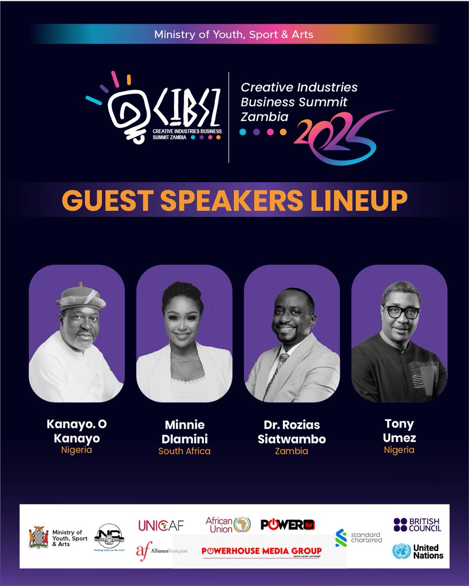 Join Kanayo O. Kanayo, Dr. Rozias Siatwambo &amp; more at CIBS 2025! 🎉 25-27 June, Mulungushi ICC. Register now &amp; shape Africa's creative future! mysa.gov.zm/cibs #CIBS2025 #CreativeIndustry