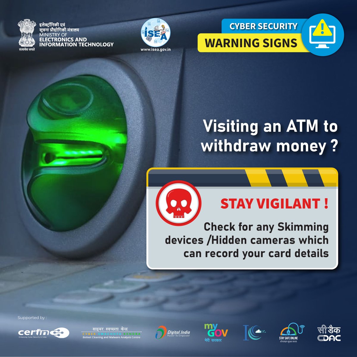 SSOIndia's tweet photo. #WarningSign
⚠️ Hidden skimmers at ATMs? Stay alert! 💳👀
#ATMSecurity #CardFraud #SkimmingAlert #CyberSafety #StayVigilant #DigitalSafety #HiddenCameras #ATMScam #SecureBanking #CyberTips #DataTheft #SafeATMUse #ISEAIndia
@GoI_MeitY @_DigitalIndia @mygovindia
@SecretaryMEITY @IndianCERT @NICMeity
@abhish18 @AshwiniVaishnaw @Cyberdost
@DrChasM @cdacindia @NIELITIndia
@GoI_STQC @ERNET_India @sanjaykrvyas