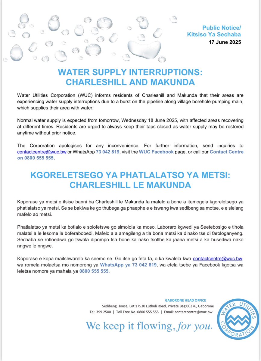 Public Notice/Kitsiso Ya Sechaba 
Water Supply Interruptions/Kgoreletsego ya Phatlalatso ya metsi 

Charleshill and Makunda
