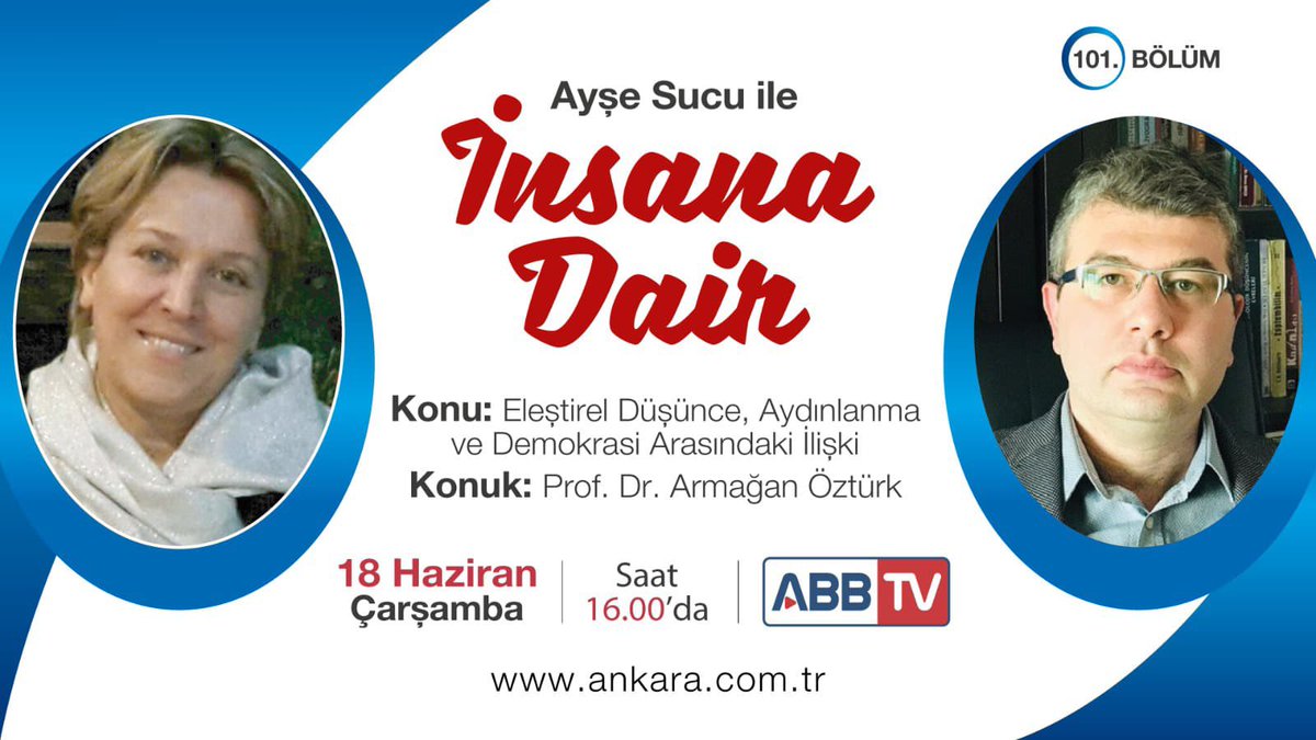Araştırmacı Yazar, İlahiyatçı ve Gazeteci Ayşe Sucu'nun hazırlayıp sunduğu "İnsana Dair" programının bu haftaki konuğu; 
Prof. Dr. Armağan Öztürk

🕓 16.00
🗓️ 18 Haziran 2025
📺 ankara.com.tr