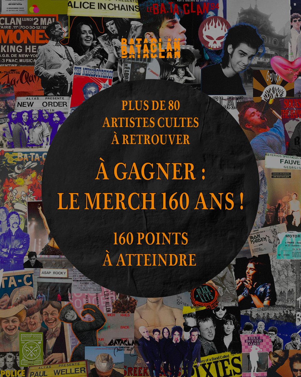On a mis 160 ans dans une fresque, tu as juste à atteindre les 160 points pour tenter des remporter l'intégralité du merch exclusif. À toi de jouer ! ❤️‍🔥

➡️ 160ans.bataclan.fr