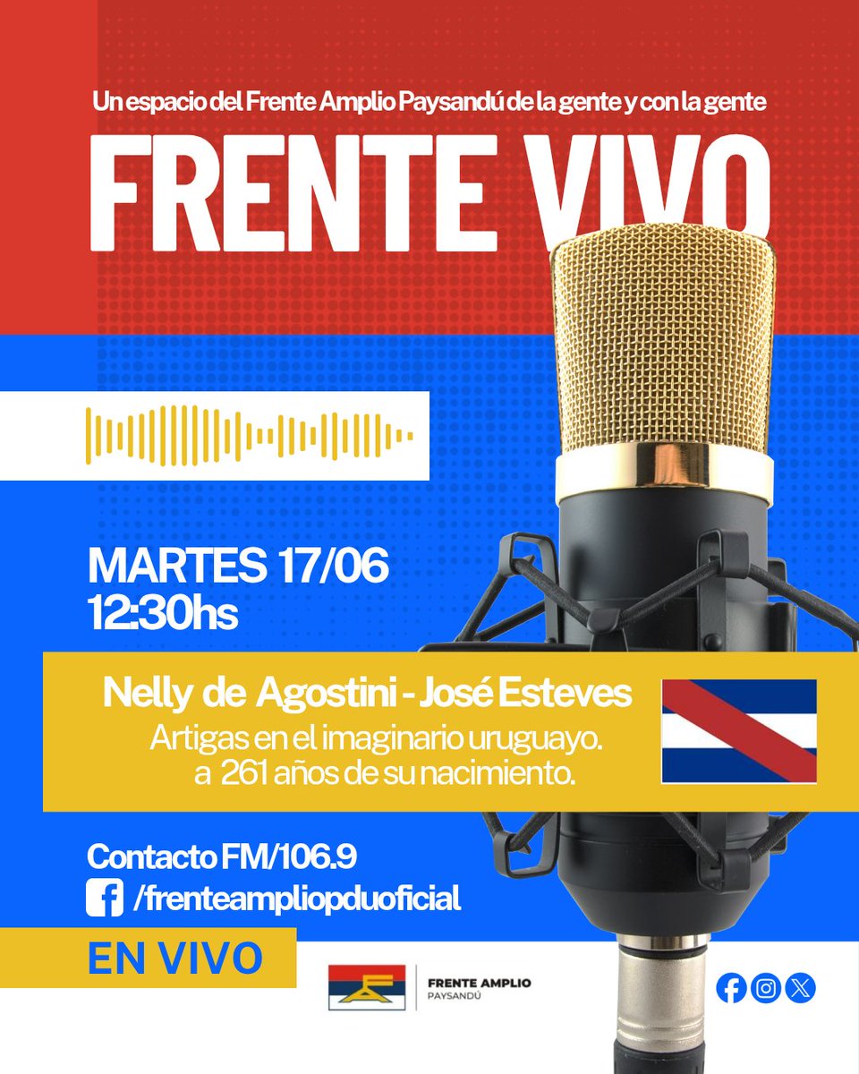 Cómo todos los martes nos encontramos por FM Contacto y nuestra página oficial del Frente Amplio Paysandú #frenteampliopduoficial.
Hoy una charla sobre Artigas a dos días de un nuevo aniversario de su nacimiento.
