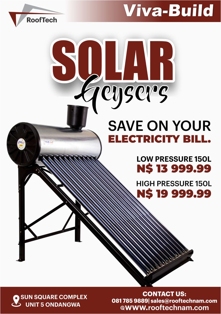 This is a 150L Solar Geyser. Can cater for 5-6 people household. 

🙏🏽It Comes complete with its own high-efficiency solar tubes. It’s only N$ 13 999.99.

Please Share 🤗