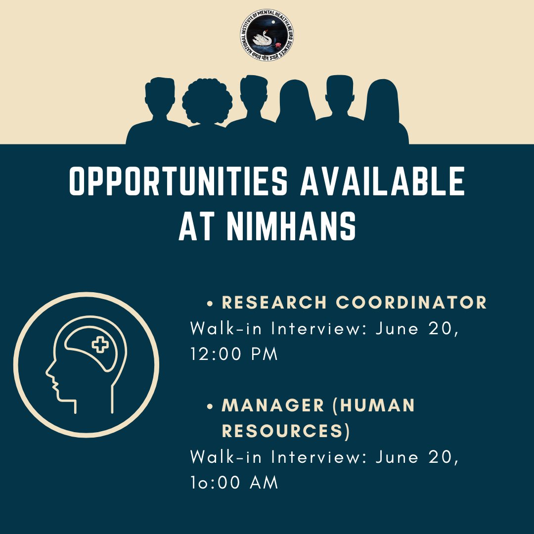 🚨Walk-in #interviews at NIMHANS on June 20! Join one of India’s premier institutes in mental health and neuroscience research.

Research Coordinator – 12:00 PM
Manager (Human Resources) – 10:00 AM
For more information, visit acrobat.adobe.com/id/urn:aaid:sc…

#NIMHANS #JobAlert #HiringNow