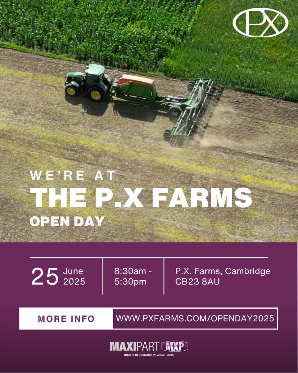 APMsupplies's tweet image. The P.X. Farms Open Day is Next Week! 🌾🚜 

We’re showcasing MaxiPart – top-tier wearing parts &amp;amp; cutting-edge agri-tech.

📍 CB23 8AU  
🗓️ 25 June  
🕣 08:30–17:30

Experience the future of farming with us! 💪

#MaxiPart #PXFarmsOpenDay #FarmTech
