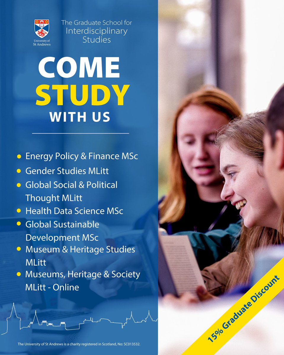 StAndGradSchool's tweet image. Interested in interdisciplinary postgraduate study at the @univofstandrews? 🎓
We offer a range of Masters Degrees (and 15% off for recent graduates).
@StLeonards_PGs
@EthicsEnergy
@GenderStAndrews
@StAndrewsSGSD
@StAndMedicine
@MHSStAndrews
#evertoexcel #interdisciplinary