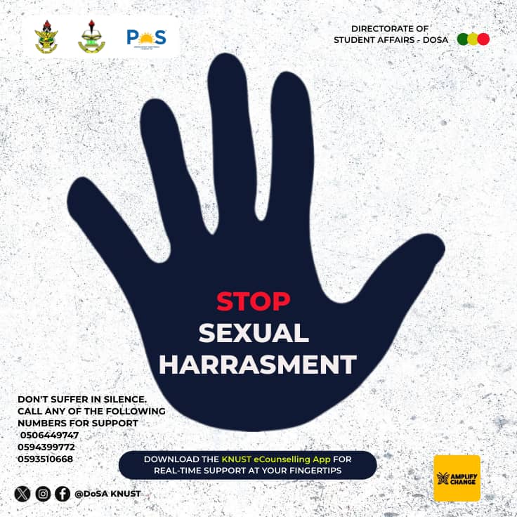 DoSA_KNUST's tweet image. Say NO to SEXUAL HARASSMENT.
Spread the message.
@KNUSTGH @knust_src @grasag_knust
@Thevokofficial @KNUST_Live