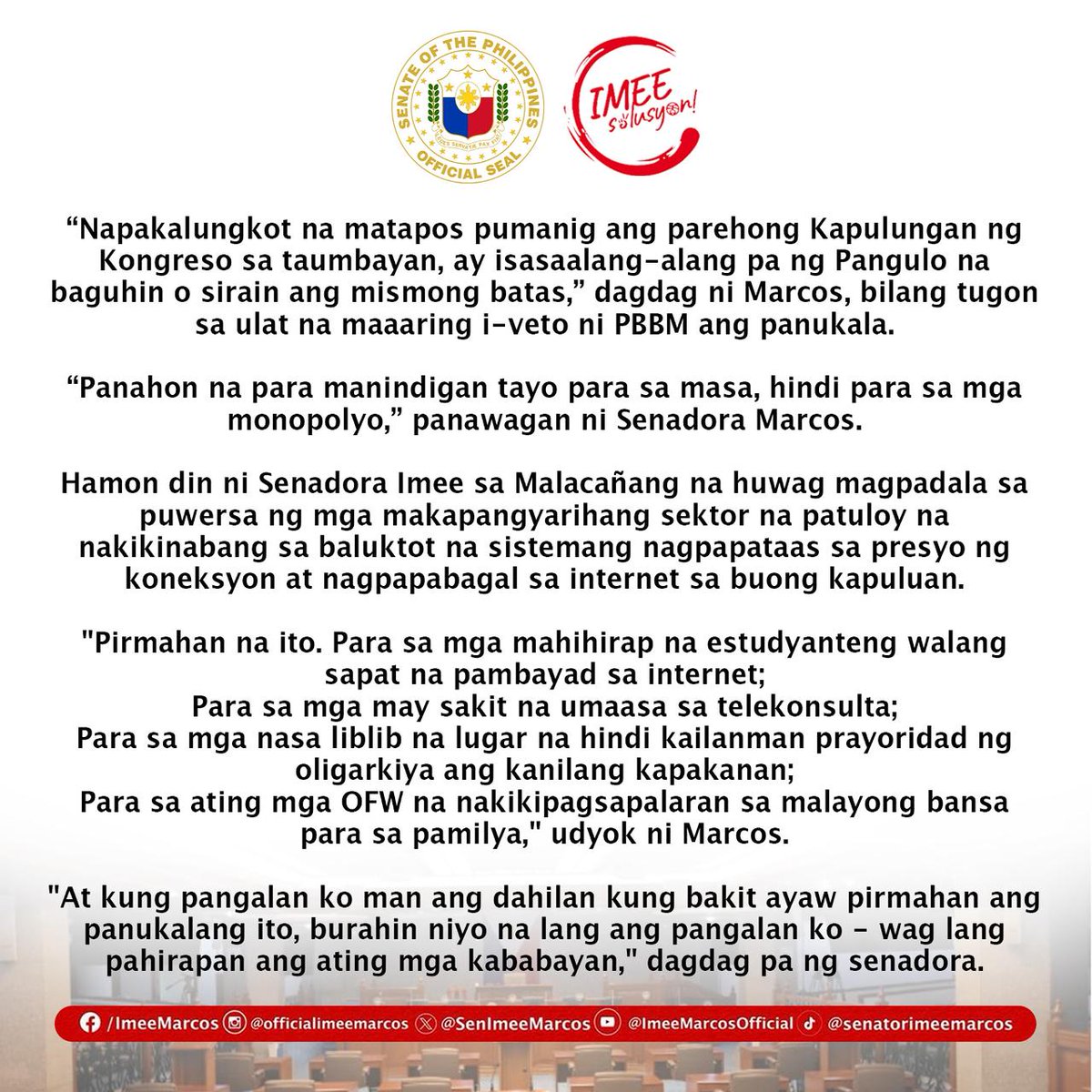 BUWAGIN ANG DUOPOLYO SA TELCO!

#IMEEsolusyon
#ImeeMarcos
#SenatorImee
#SenatorImeeMarcos
#SenImee
#SenImeeMarcos
#Imee