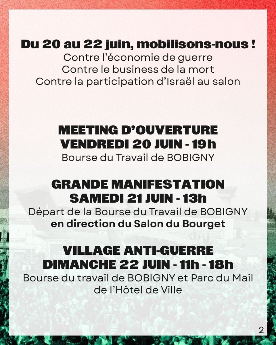 Ce week-end aura lieu une grande mobilisation contre le salon du Bourget. Il est temps de renouer avec une tradition anti-militariste et anti-impérialiste, particulièrement en ces temps de fascisation et de complicité génocidaire. 
Mobilisons nous contre les marchands de mort ⬇️