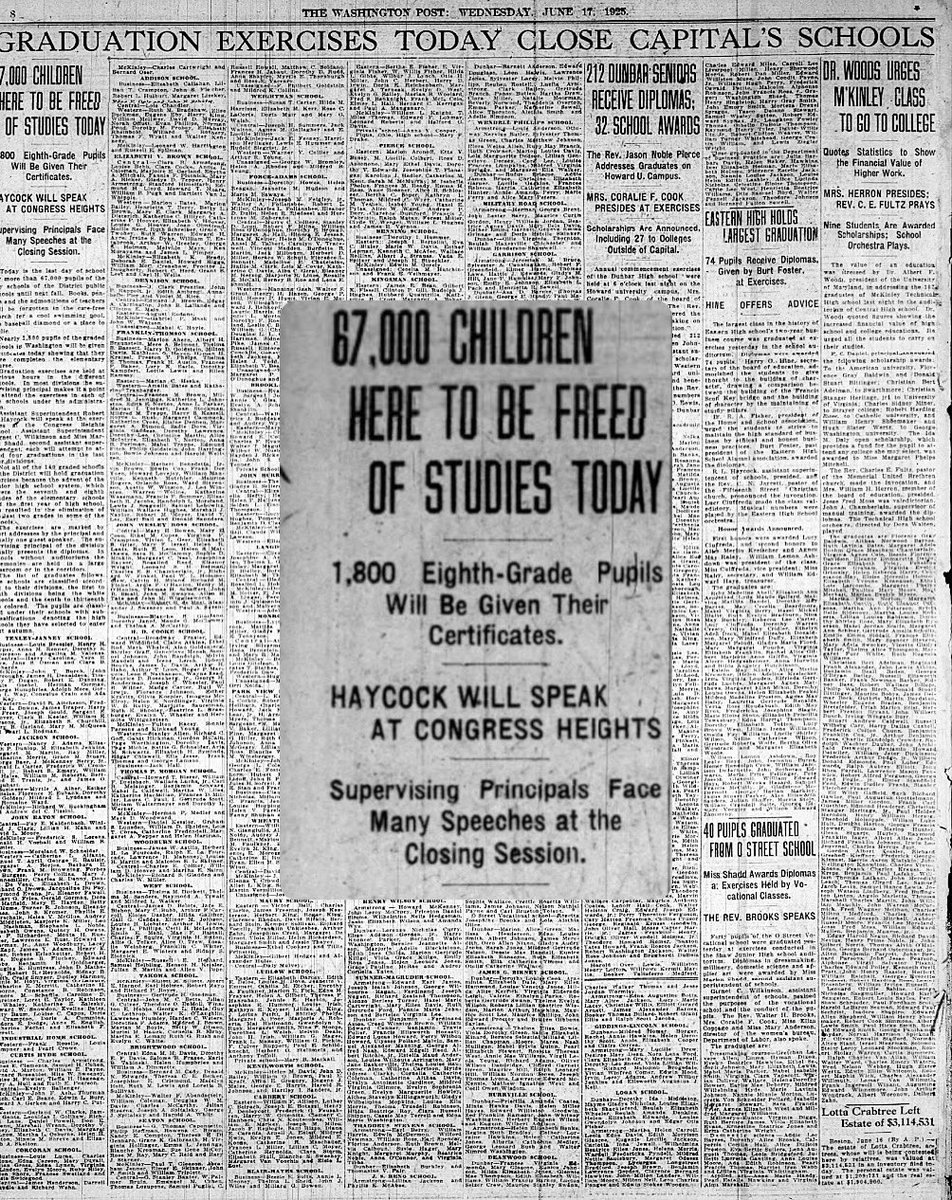petulad's tweet image. June 17, 1925 — All DC public schools graduated at once #100yearsagotoday. The paper listed every student. High school enrollment was booming. Some schools had such huge classes, ceremonies had to be held in corridors. #Retropolis
