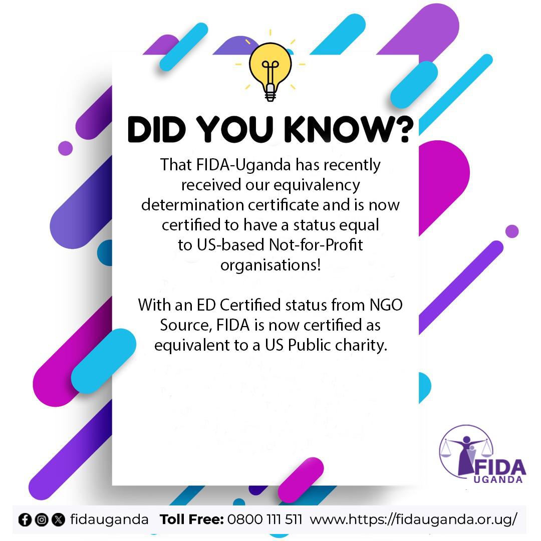 🎉 We’re excited to announce that FIDA-Uganda is now #EDcertified through <a href="/NGOsource/">NGOsource</a>!

Our Equivalency Determination (ED) certificate is now on file in the <a href="/NGOsource/">NGOsource</a> repository, allowing U.S.-based grantmakers to easily verify our equivalency to a U.S. public charity. This