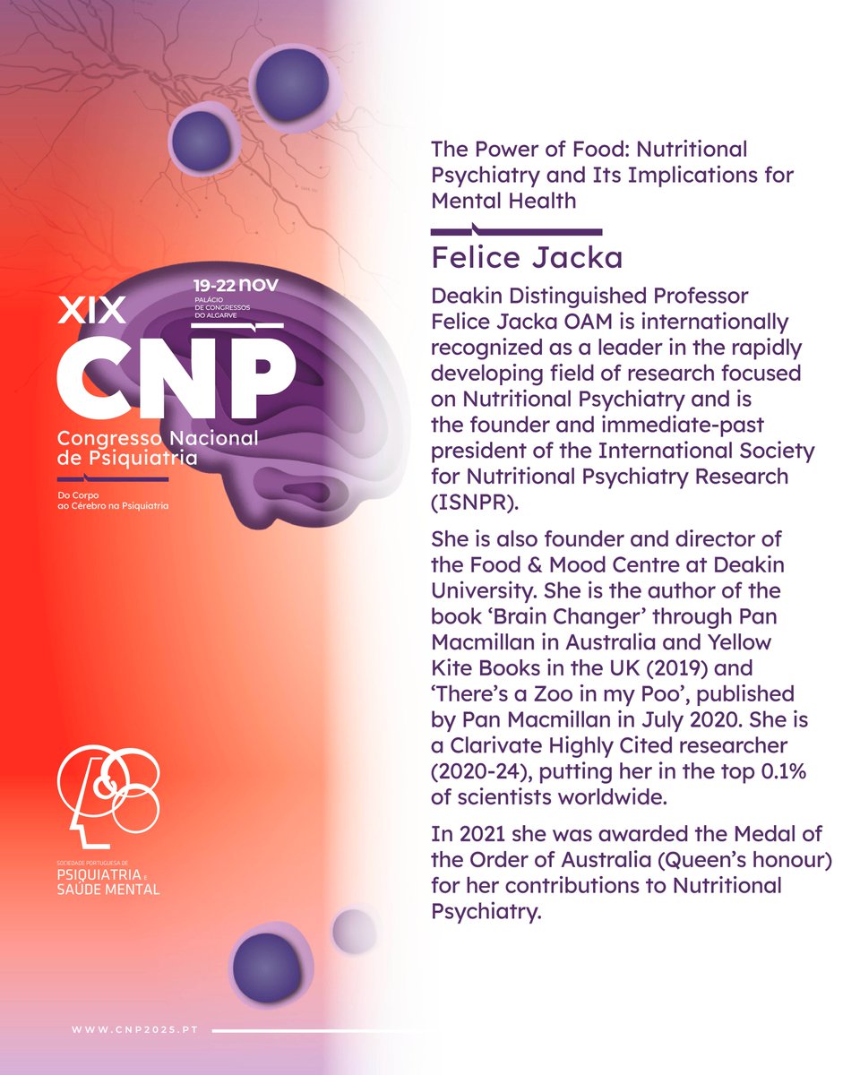 🔔📆 Vamos recordar as confirmações do #CNP2025? 👀

𝗣𝗿𝗼𝗳.ª 𝗙𝗲𝗹𝗶𝗰𝗲 𝗝𝗮𝗰𝗸𝗮 é uma das palestrantes internacionais que vai estar presente no XIX Congresso Nacional de Psiquiatria.

🔗 Para mais informações sobre o #CNP2025, consulte o site: sppsm.org