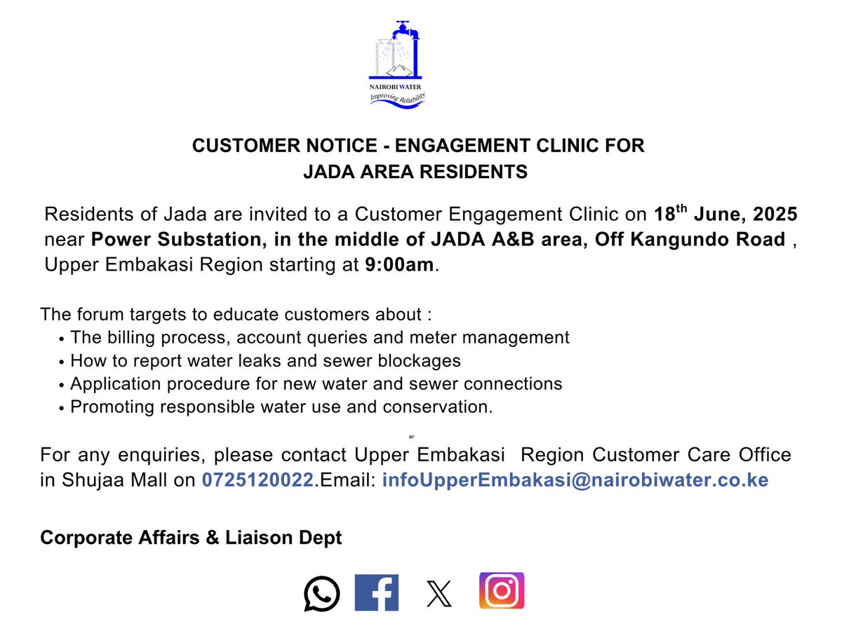 Attention Residents of Jada area. 

You are invited to a Customer Engagement Clinic on 18th June,2025.Come engage with us, share your feedback, and get assistance with any  issues.

 For more  information contact our Customer Care on 0725120022.