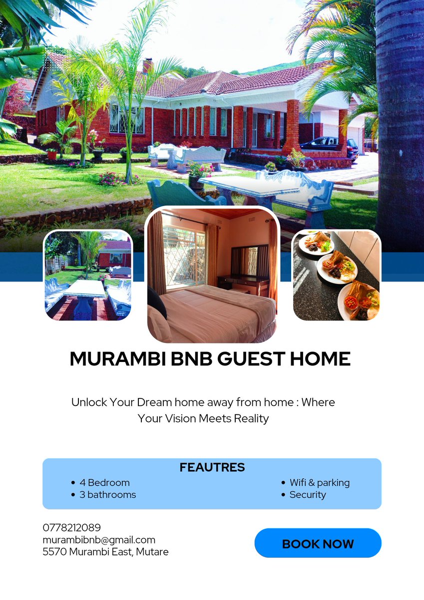 Book with us today!

Ideal for business and leisure.3-5min drive to the CBD.

Our rooms range from 50usd - 70usd with bathroom ensuite.

#BestBnBinmutare
#Murambieast
#Mutare
#Accommodation&amp;events

Book now 0778212089
