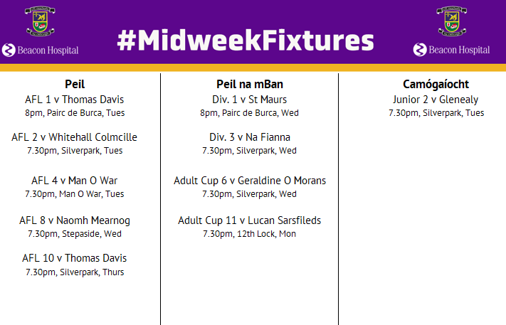#MidweekFixtures Here are the midweek fixtures! Home games for our Senior Footballers and Senior Ladies Footballers this week! #passionliveson #purpleandgold