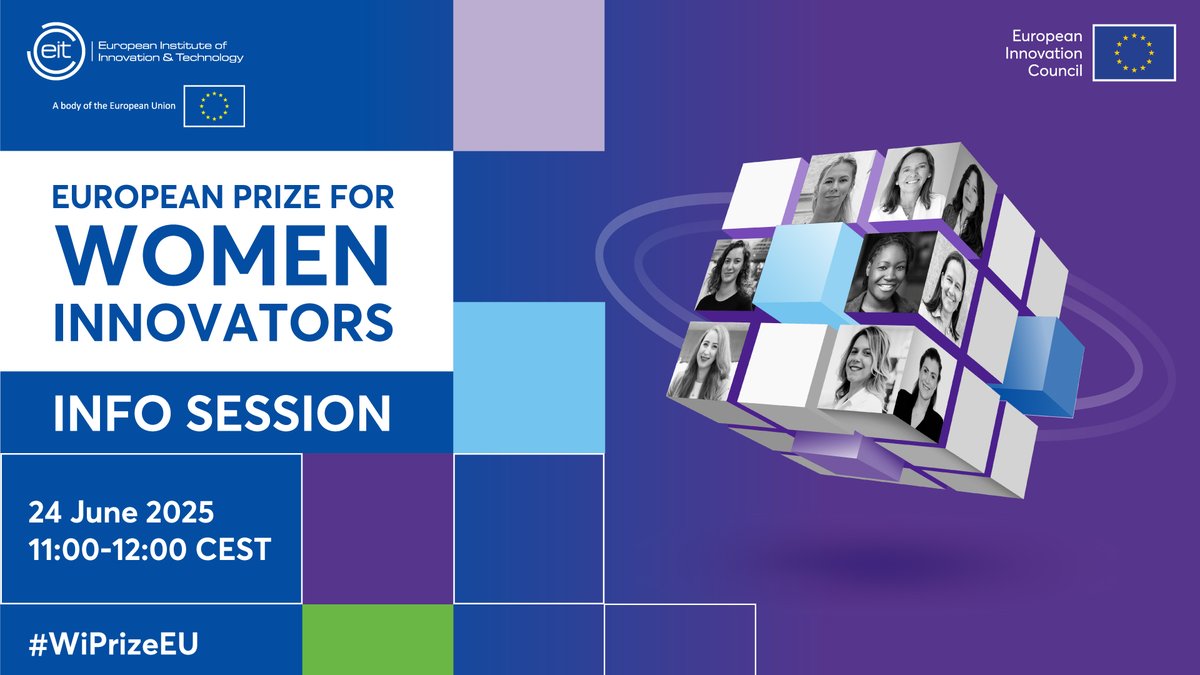 Join the informational webinar for the 2026 European Prize for Women Innovators on the 24 June at 10:00 GMT!

🔗 Register now: eit.europa.eu/news-events/ev…

#WiPrizeEU #WomenInnovators #WomenInTech #EITCommunity #Innovation #EIC #EUInnovation #MakingInnovationHappen #HorizonEurope
