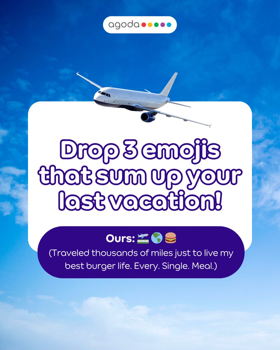 Alright, spill the tea—drop 3 emojis that sum up your last vacation. 🌴✈️

Ours? 🛫🌎🍔

And as a gift, get an extra 10% off to make your next trip even better! Use the code AGODA10 on the app or click the link in bio. 🎉

#SeetheWorldforLess with #Agoda ✈️✨