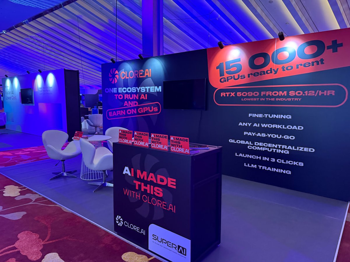 clore_ai's tweet photo. ⚙️ Today is prep day! The https://t.co/kv4sQKck95 crew is already at Marina Bay Sands: setting up the booth, fine-tuning the gear, and laying out the branded goodies - check out the photo below 👇

🔥 And tomorrow, 18 June, @superai_conf kicks off. Swing by our booth to:
— meet the entire #clore team in person;
— chat about the future of AI and swap ideas;
— grab some cool souvenirs.

📅 When: 18-19 June, 10:00–19:00 (GMT +8)
📍 Where: Marina Bay Sands Expo, SuperAI exhibition area
It’s going to be hot - don’t miss it! 🚀
#SuperAI2025 $clore