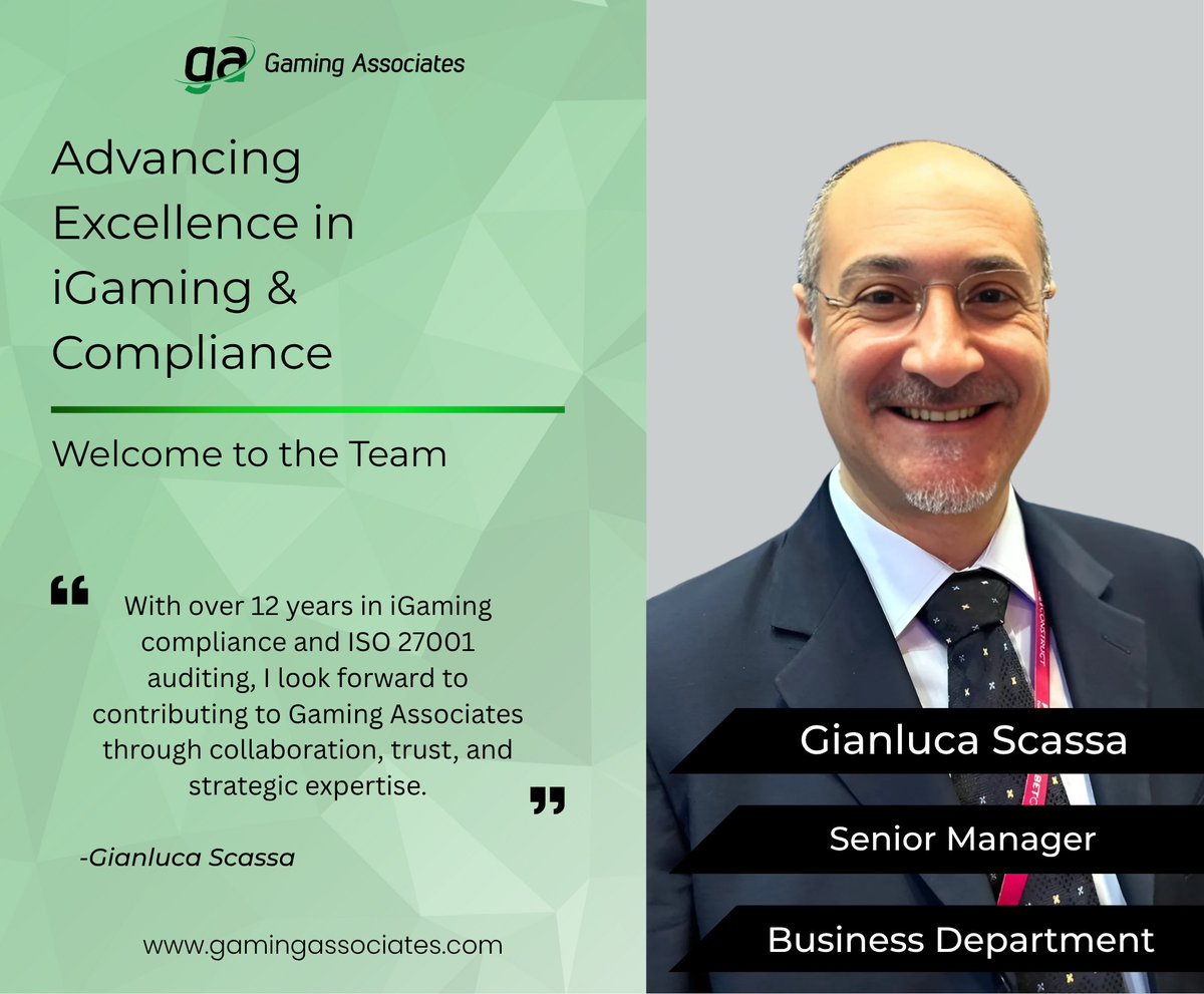 We welcome Gianluca Scassa as a 𝐒𝐞𝐧𝐢𝐨𝐫 𝐁𝐮𝐬𝐢𝐧𝐞𝐬𝐬 𝐃𝐞𝐯𝐞𝐥𝐨𝐩𝐦𝐞𝐧𝐭 𝐌𝐚𝐧𝐚𝐠𝐞𝐫. With over 12 years of experience in iGaming compliance and ISO27001 Auditing, Gianluca strengthens our local presence and reinforces our commitment to serving the Italian market.