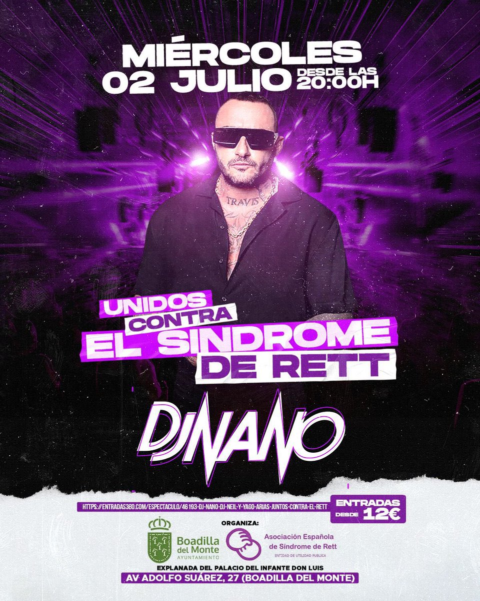 Os animamos a asistir al concierto solidario 🤝 Unidos contra el Síndrome de Rett, que acogerá la explanada del Palacio el próximo 2 de julio, a partir de las 20 h.

DJ Nano será el gran protagonista y estará acompañado por DJ Neil y Yago Arias.

Las entradas ya están a la venta,