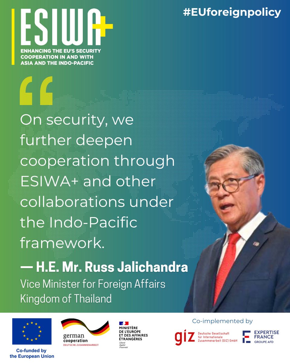 ESIWA_EU's tweet image. โOn security, we further deepen cooperation through @ESIWA_EU and other collaborations under the Indo-Pacific framework.โ H.E. Mr. @RussJalichandra, Vice Minister, @MFAThai, said as guest of honour at Europe Day 2025.
#EUforeignpolicy #EUIndoPacific @EUinThailand @EU_FPI