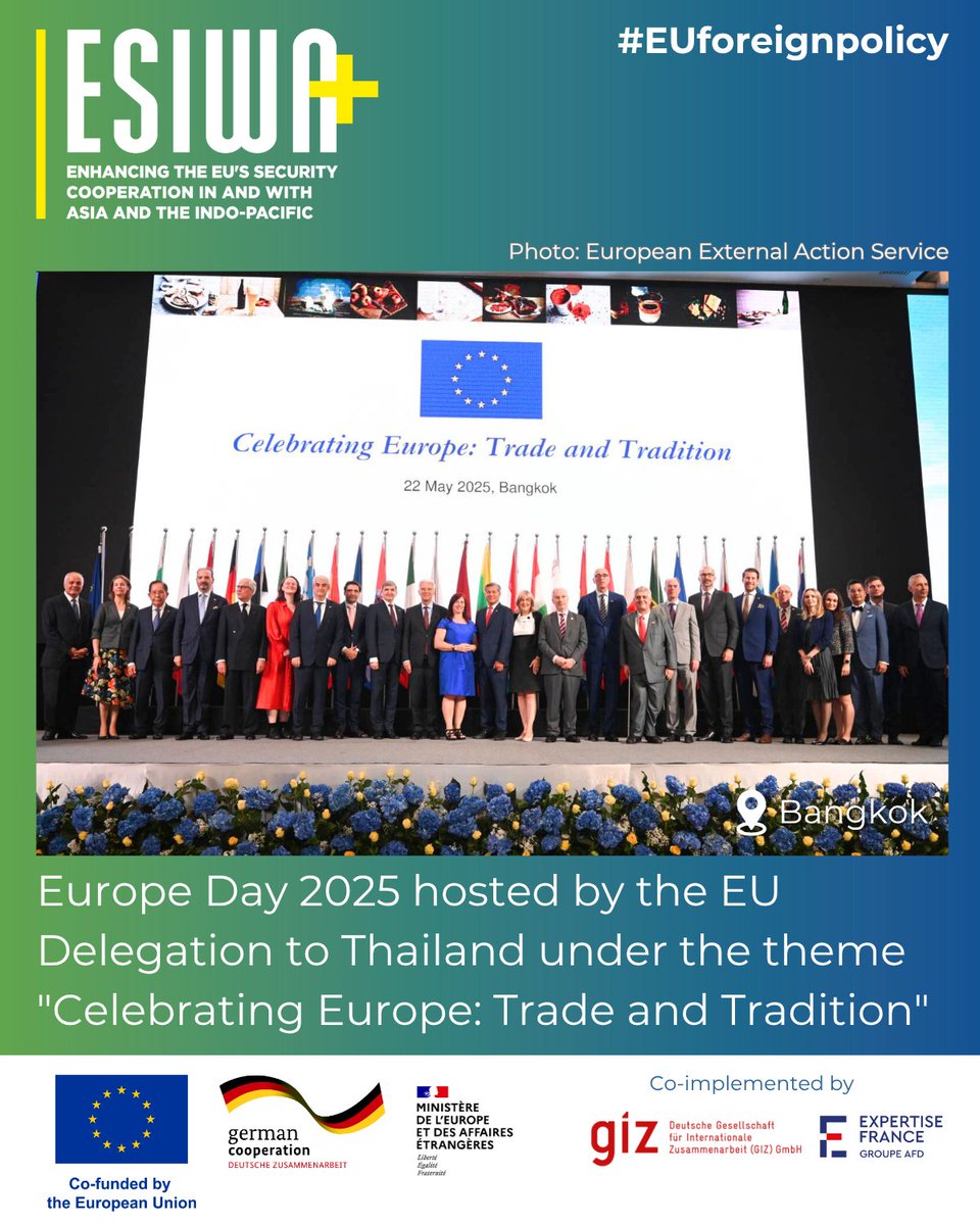 ESIWA_EU's tweet image. โOn security, we further deepen cooperation through @ESIWA_EU and other collaborations under the Indo-Pacific framework.โ H.E. Mr. @RussJalichandra, Vice Minister, @MFAThai, said as guest of honour at Europe Day 2025.
#EUforeignpolicy #EUIndoPacific @EUinThailand @EU_FPI