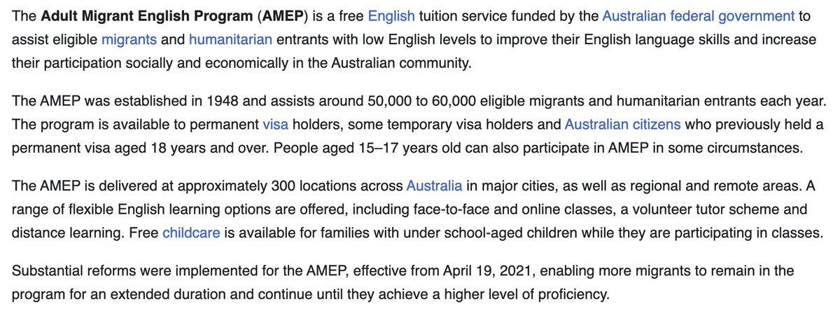 JosephNWalker's tweet image. Australia's Adult Migrant English Program seems world-class.
Migrants who speak little or no English receive free tuition, with no time limits for starting and finishing the program.
Which other countries have a comparable program?