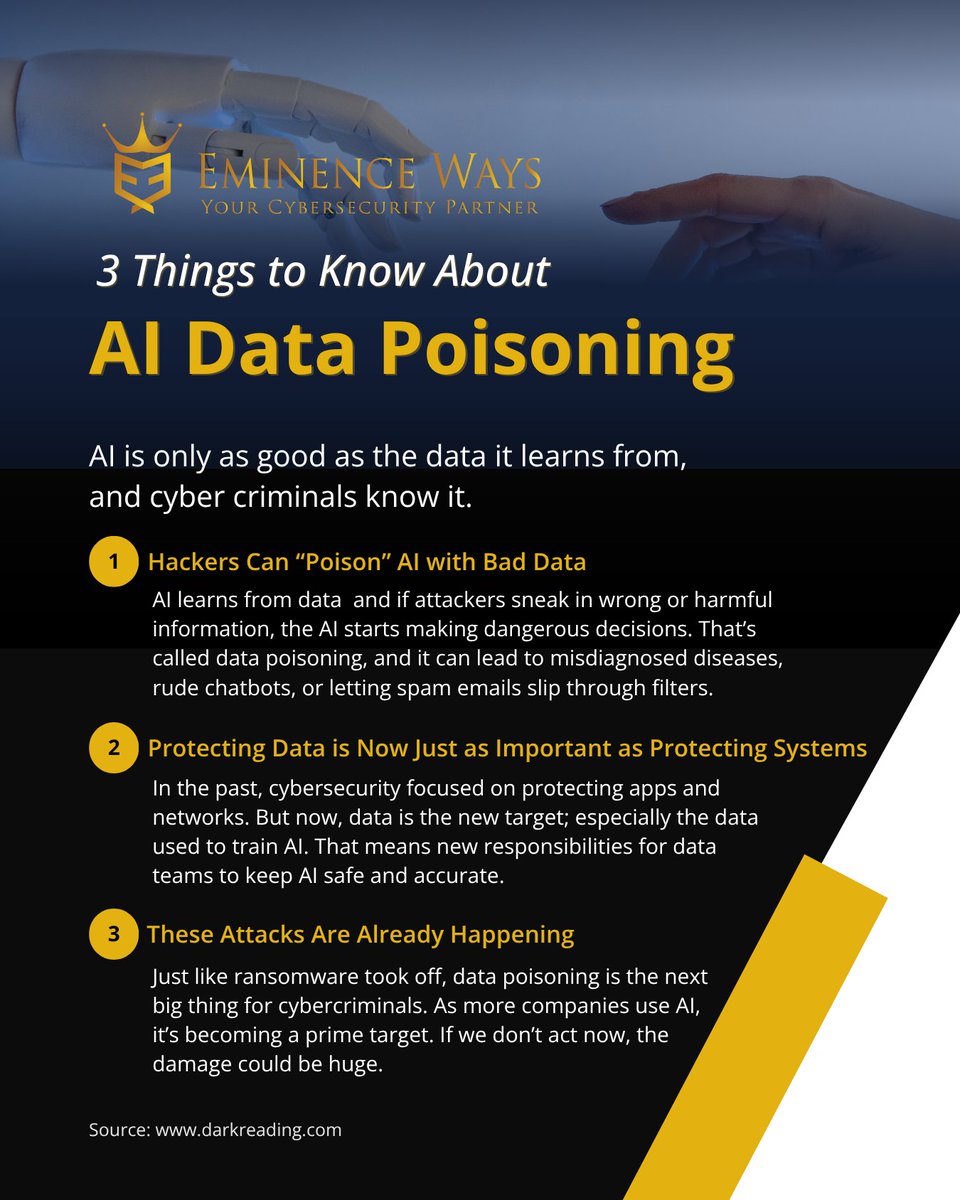AI is only as smart as the data it learns from, and cyber criminals know how to mess with that.​

Learn more: darkreading.com/vulnerabilitie…

#AI #CyberSecurity #DataPoisoning #AIAttacks #TechRisks #Infosec #MachineLearningSafety ​#EminenceWaysNepal #YourCyberSecurityPartner