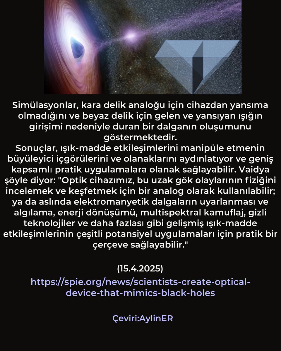 #Bilim #Astronomi #AstroFizik

Bilim İnsanları, Kara Delikleri &amp; Beyaz Delikleri Taklit Eden Bir Optik Cihaz yarattı. (15.4.2025)

Bilim insanları kara delikleri taklit eden optik cihaz yarattı ve bu 
yeni geliştirilen bir optik cihaz,kütleçekimi deliklerinin davranışını taklit