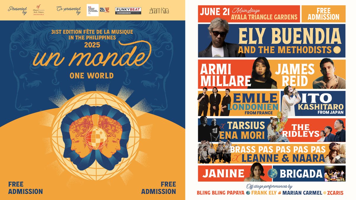🎶🪩 #FêtePH2025 is here! 

See you at the Main Stage w/ performances from <a href="/elybuendia9001/">Ely Buendia</a> &amp; the Methodists, <a href="/armimillare/">armi</a>, <a href="/tellemjaye/">James Reid</a>, Émile Londonien 🇫🇷, <a href="/kashitaro_ito/">伊東歌詞太郎</a> 🇯🇵, <a href="/Tarsiusmanila/">Tarsius</a>, <a href="/enamorimusic/">ena mori</a>, <a href="/TheRidleysMusic/">The Ridleys</a>, <a href="/BrassPasPas/">BrassPasPasPasPas</a>, <a href="/LeanneAndNaara/">Leanne & Naara</a>, <a href="/_janinemusic/">janine</a> &amp; <a href="/Brigads/">Bateria Brigada</a>!