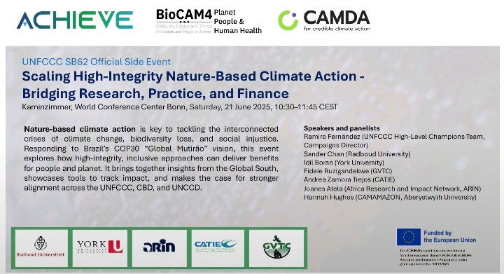 Join us at the #SB62 Side Event hosted by #BioCAM4 on June 21 in Bonn.

@ARIN_Africa ED Dr. Joanes Atela will speak on scaling high-integrity #NatureBasedSolutions from the Global South.

🕥 10:30–11:45 CEST | <a href="/UNFCCC/">UN Climate Change</a> 
#ClimateAction #ScienceToPolicy #COP30 #BioCAM4