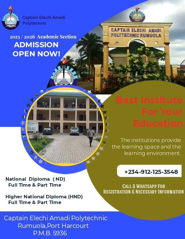 Attention! Attention!! Attention!!!

For all those who need information about captain Elechi Amadi Polytechnic (Port Harcourt poly), kindly drop your number to be added to the school platform on Whatsapp or use the link below to join.
 
chat.whatsapp.com/HlqgyKDu8HJAlV…