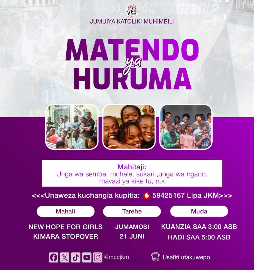 mccjkm's tweet photo. TUMSIFU YESU KRISTO..😊

Jumuiya katoliki Muhimbili (JKM) imeandaa ziara ya matendo ya huruma.

🏚️NEW HOPE FOR GIRLS. 

🗓️ Tarehe 21/06/2025.

⏰ Saa 3:00 Asubuhi.
Changia LIPA NAMBA 9483436 JKM

MAHITAJI: Mchele, unga wa sembe, Sukari, n.k

Nyote mnakaribishwa.😊😊 https://t.co/EwvV5BxoXc