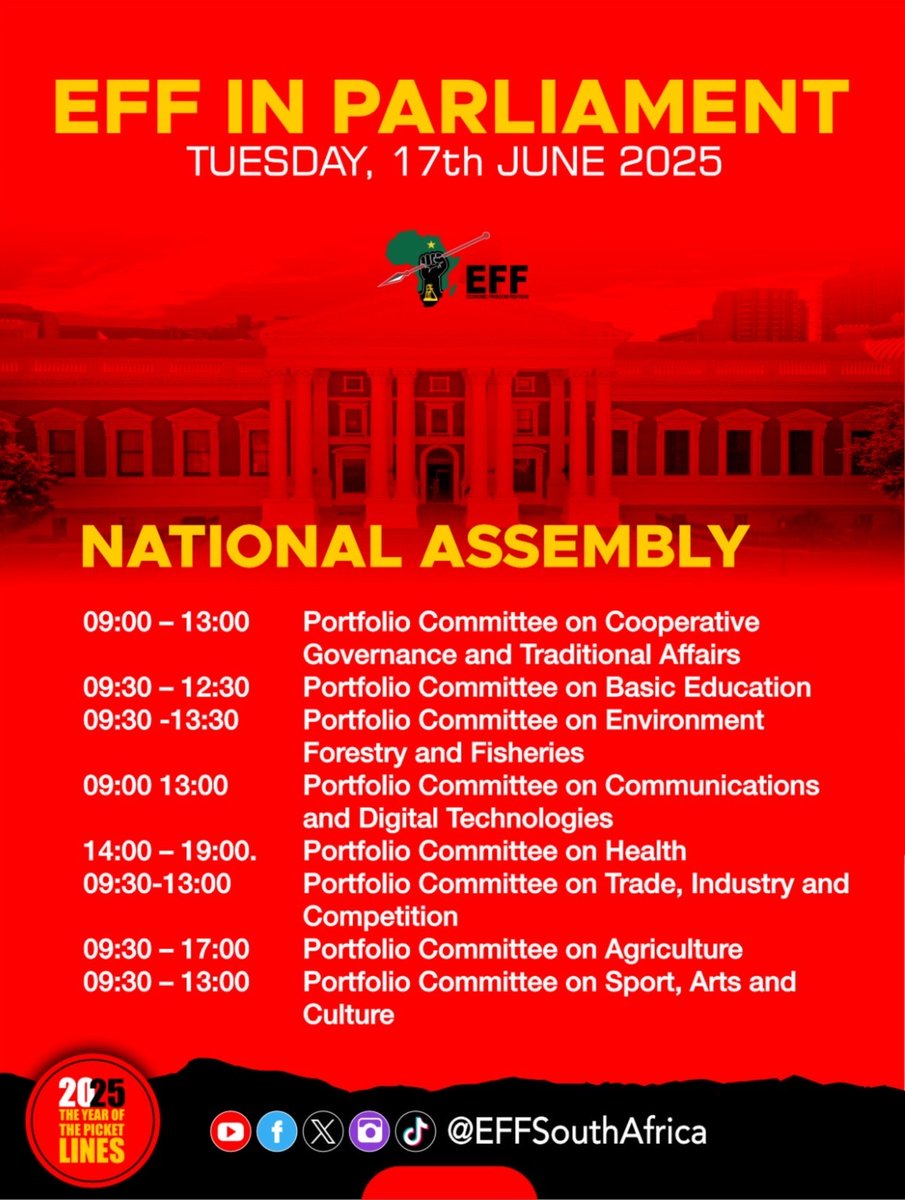 ♦️ Today in Parliament ♦️

Here is the National Assembly’s scheduled portfolio committee programme for today. Watch and stay informed as members of the EFF contribute robustly during committee proceedings.